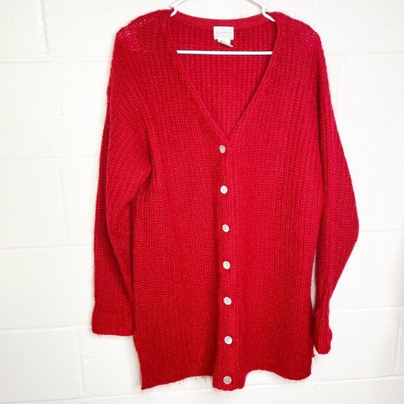 Vtg Moda INTL  Mohair Oversized Knit long Cardigan Sweater Sz Medium Red Women - Picture 2 of 7